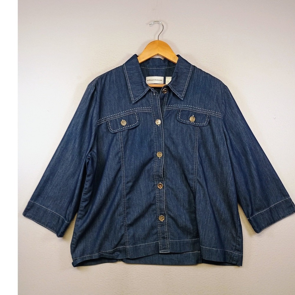Coastal Grandma Alfred Dunner Womens 16 Blue Denim Button Down 3/4 Sleeve Jacket